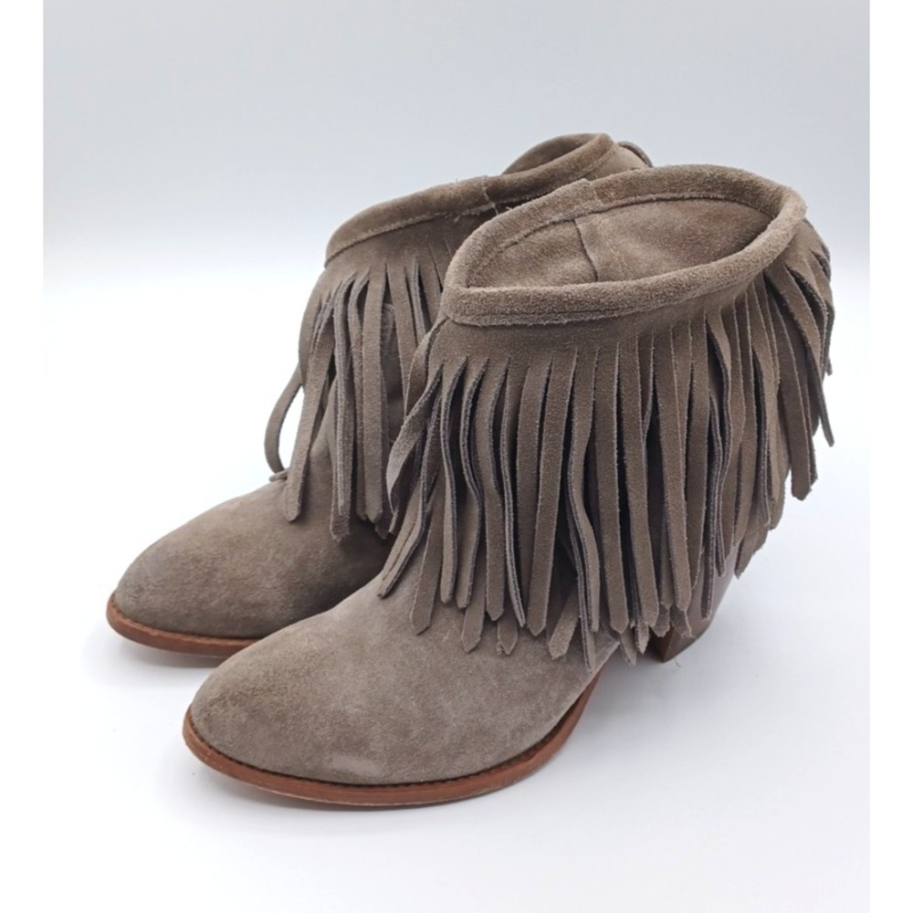 Frye Suede Fringe Heeled Ankle Boots Women's Size 7 Gray‎ Boho Indie Western